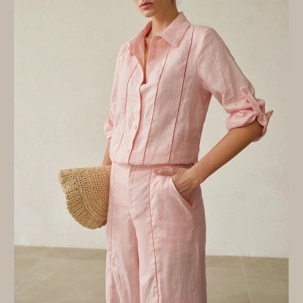 Pink Linen Button-Down Shirt with Ladder Trim Detail - Picture 6 of 7